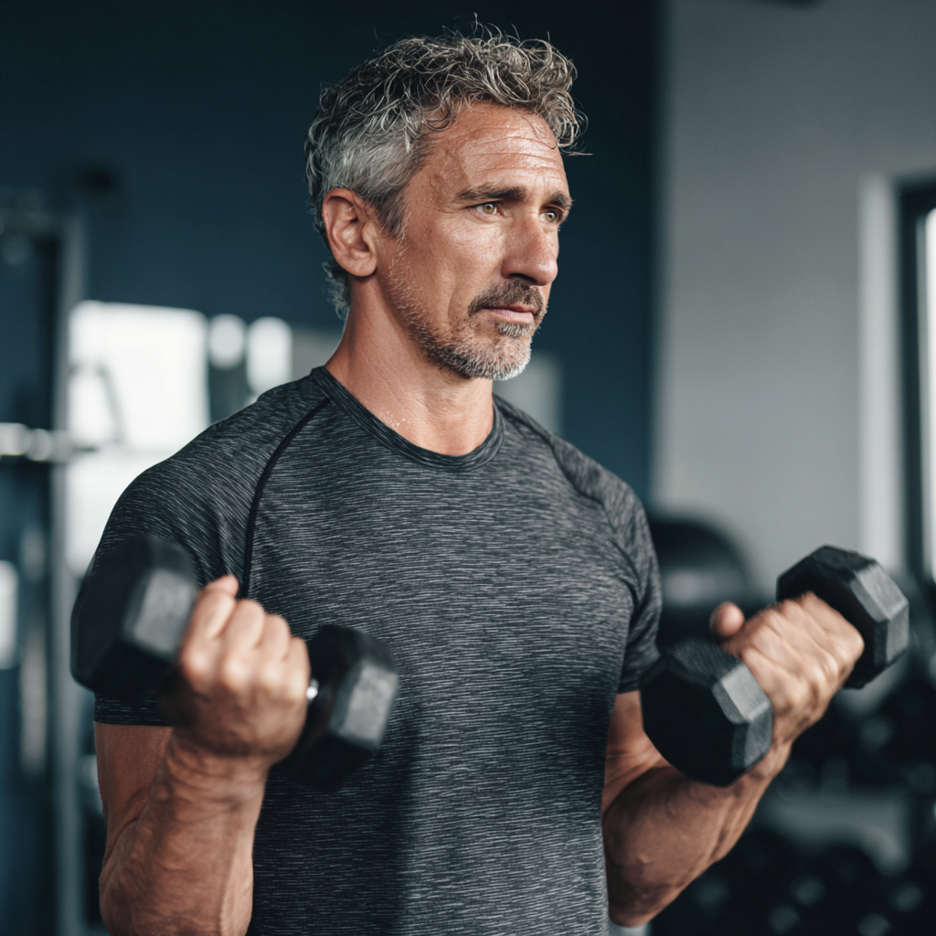Чоловік 55 років виконує силові вправи з гантелями у фітнес-залі, демонструючи правильну техніку