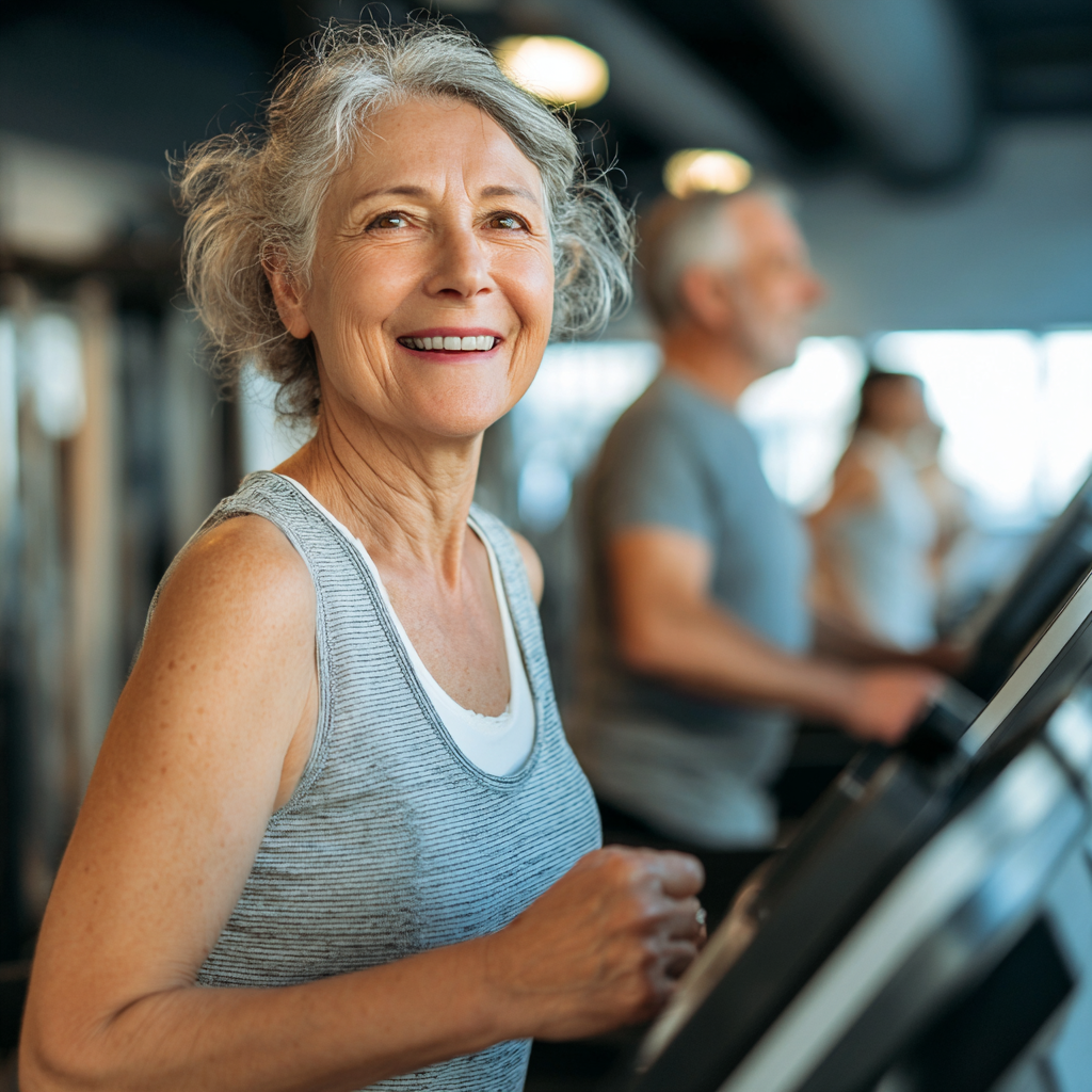 Жінка 58 років займається кардіо-тренуванням на біговій доріжці, посміхається та виглядає енергійно
