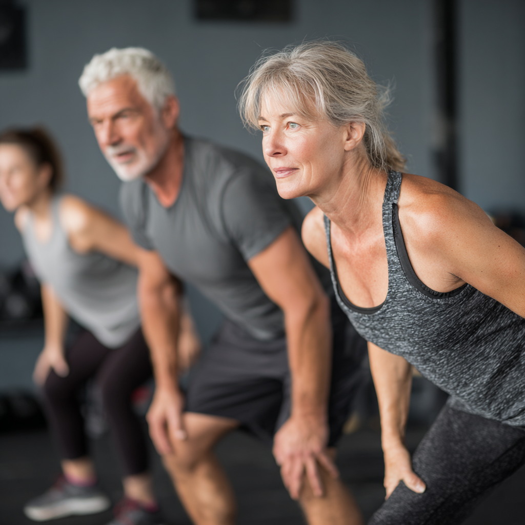 Група людей віком 50-60 років виконує HIIT вправи у фітнес-студії під керівництвом тренера