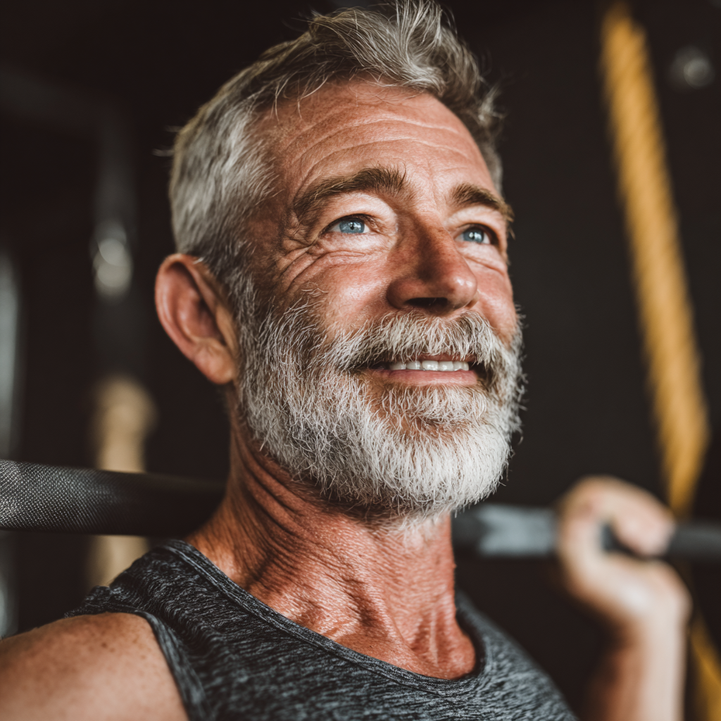 Зрілий чоловік 62 років займається кросфітом у залі, виконує функціональні вправи з радісним виразом обличчя